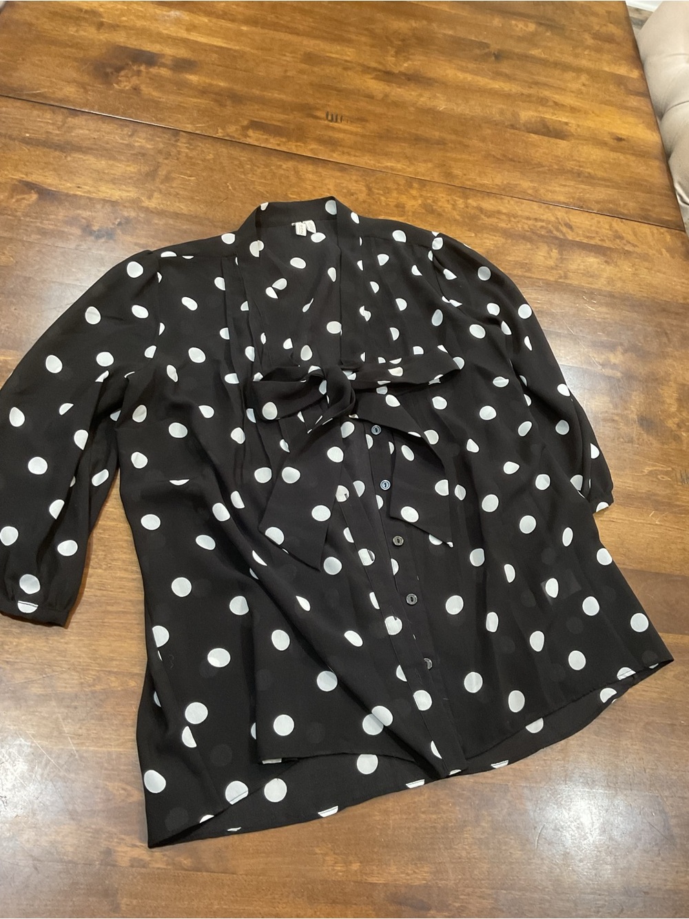 Madison Black and White Polka Dot Button-Down Blouse with Tie Neck